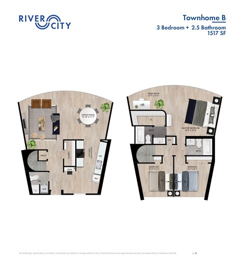 Floor plan for 3 beds, 2.5 baths, 1517 sqft